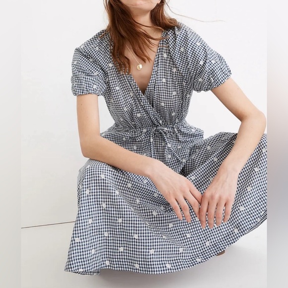 SOLD MADEWELL Embroidered Gingham Faux Wrap Tie Waist Midi Dress - Small - Picture 10 of 16